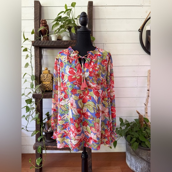 Belle by Kim Gravel: Vibrant Floral Blouse with Tassel Detail - Picture 11 of 17